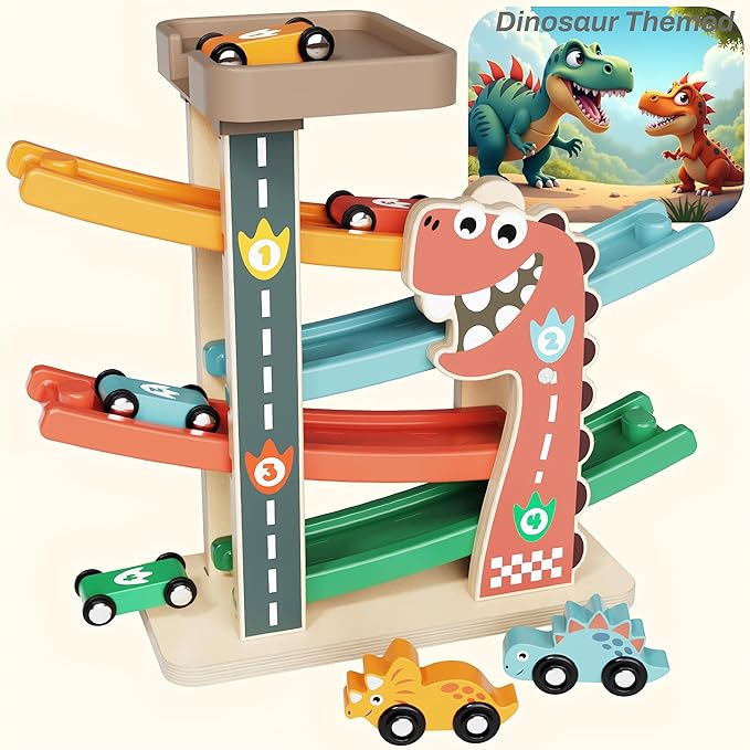 Montessori Toys for 1 Year Old Boy, Toddler Toys 1-2, First Birthday Gifts for Boys, Dinosaur Themed Toy Vehicle Set