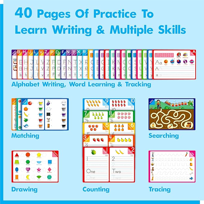 Handwriting Practice Book, 40 Pages Dry Erase Preschool Workbook Montessori Learning Toy Educational Tool for Alphabet/Numbers/Colors/Shapes/Line Tracing - for Toddlers, Kids 3-5 Years Old