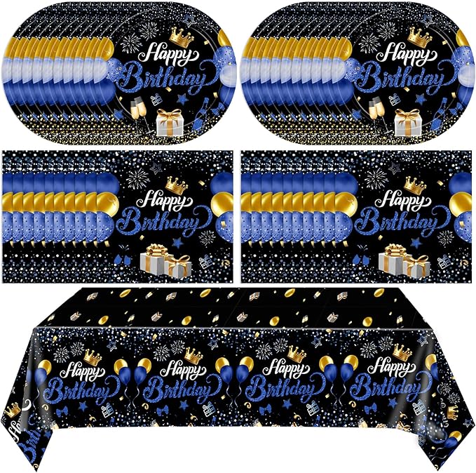 Blue and Black Birthday Decorations,Birthday Plates and Napkins Party Supplies Include Disposable Paper Plates Napkins Tablecloth,for Men Women Bday Party Dinner Decorations,Serves 20