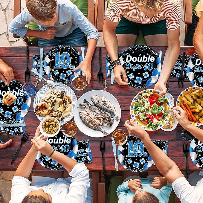 Qyeahkj 100 Pcs 10th Birthday Decorations for Boys Official Teen 10th Supplies Plate Napkin Forks Set Disposable Blue 10th Birthday Tableware Paper Plates Dinnerware for Kids Teenager Favors Serve 25