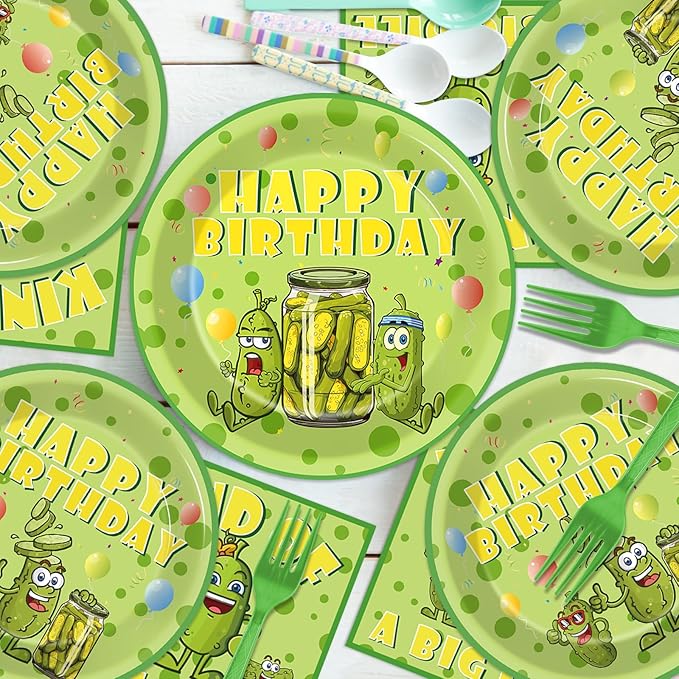 96pcs Funny Pickle Party Plates and Napkins for Kind of A Big Dill Birthday Party Supplies Dill Cucumber Themed Paper Dessert Plates Cartoon Pickle Tableware Set for Kids 24 Guests Table Decorations