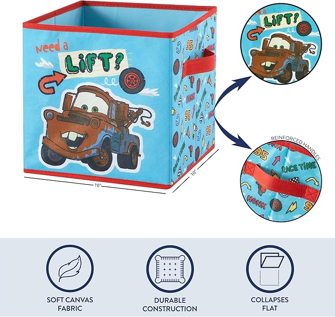 Disney Cars Storage Cubes, Set of 2 Durable 10"x10"x10" Fabric Bins with Handles, Lightning McQueen Organizer Boxes for Kids' Toys, Clothes & Room Décor