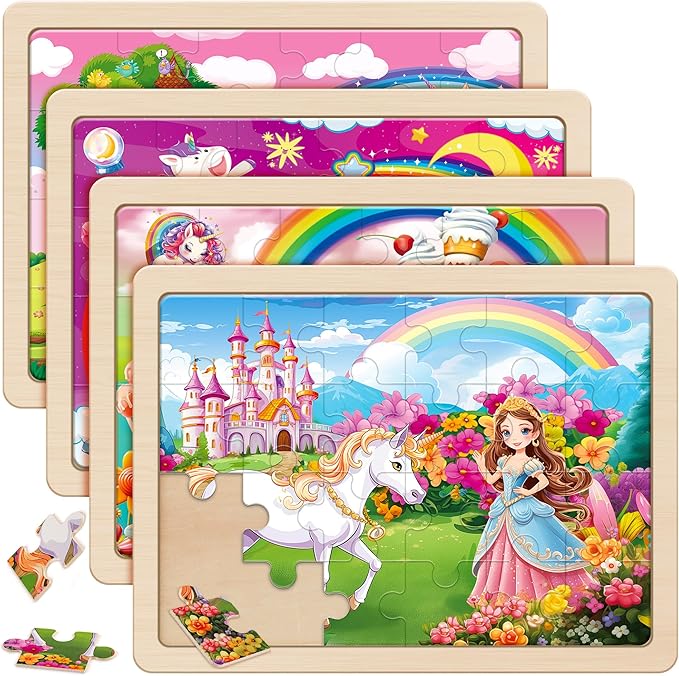 SYNARRY Large Unicorn Princess Fairy Wooden Puzzles for Girls Gift Box(12.2 * 9.4 in), 24 Pcs Puzzles for Kids Ages 4-6, Wood Puzzles for Kids Ages 3-5, Easter Basket Stuffers Gifts for Kids