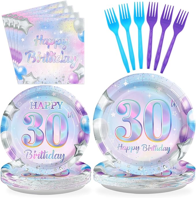 Grencian 96Pcs 30th Birthday Decorations Iridescent 30th Birthday Party Plates Disposable 350GSM Sweet 30 Years Paper Tableware Set for Women 30 Years Old Party Supplies Serves 24