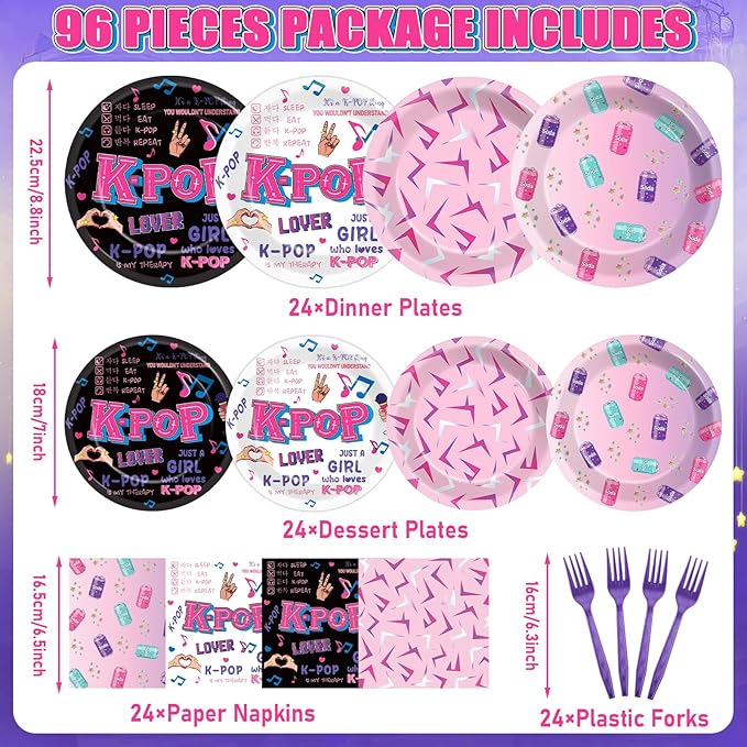 96pcs Kpop Party Paper Plates and Napkins Kpop Girl Party Decorations Music Star Disposable Dessert Plates Music Singer Demon Tableware Set Serves 24 Guests Boys Girls Kids Teenagers Birthday Supplies