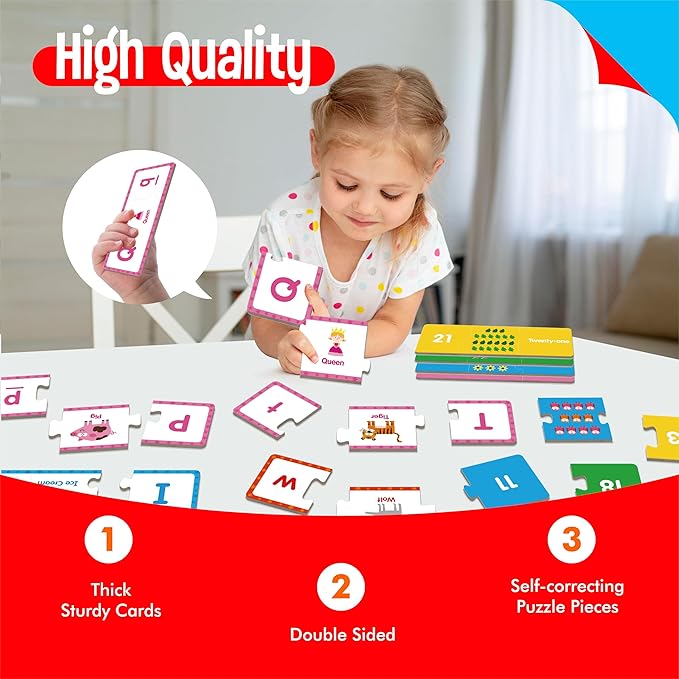 Alphabet & Number Puzzles, 26 Self-Correcting Matching Puzzle Set, 3-Piece Double-Sided Puzzle Cards, Educational Game for Kindergarten Readiness, Preschool Learning Activities, Homeschool Supplies