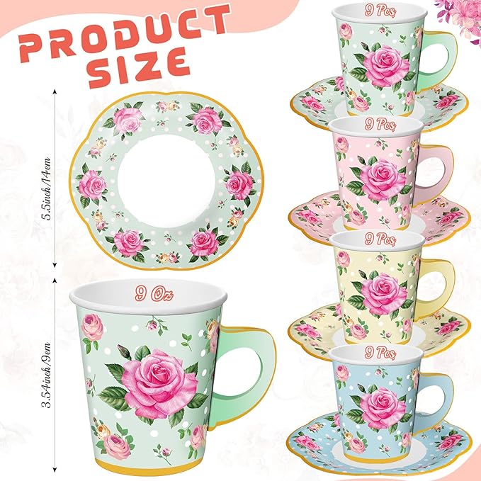 Umigy 36 Sets Mother's Day Tea Party Decorations 9 oz Floral Paper Teacups & Saucer Set for Girls Women Tea Parties Mothers Day Bridal Shower Wedding Birthday Party Decorations(Multicolored)
