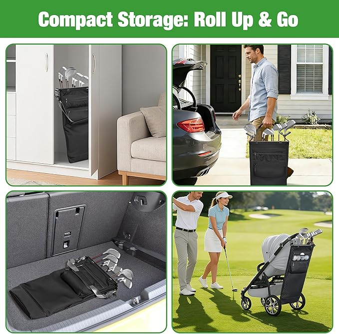 Stroller Golf Caddy,Golf Bag Attach to Stroller with Side Pockets,Shoulder Strap & Hooks for Towel Gloves,Lightweight Foldable Golf Organizer for Family Outdoor Golf,Stroller Golf Accessory