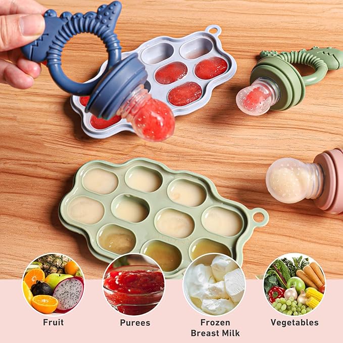 Baby Breastmilk Popsicle Molds & Fruit Feeder Pacifier, Silicone Baby Food Freezer Tray Storage Containers for Infant Teething Self Feeding