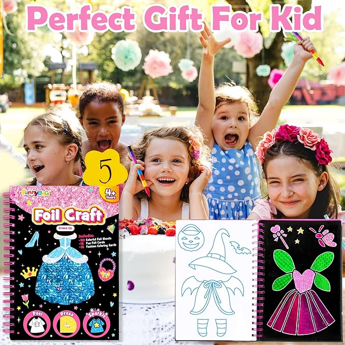 FUNNYB&G Foil Art Crafts for Kids Ages 4-8: Mother's Day 2026, Birthday Gift for Girls, Art and Crafts Supplies, Party Favors, Creative Toys for Girls 4 5 6 7 8 9 Years Old(Dress Up)