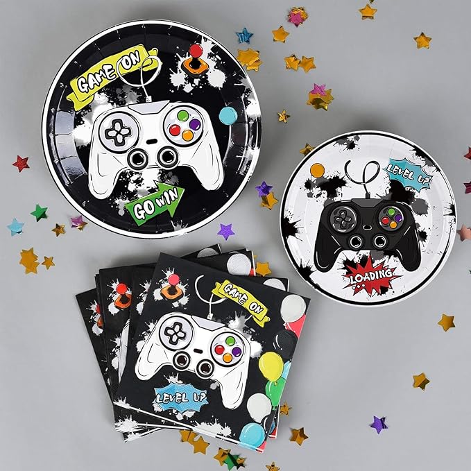WERNNSAI Gamer Birthday Party Decorations - 48 PCS Birthday Plates and Napkins Black Boy Party Decorations Video Game Plates and Napkins for Boys Game Lovers Parties Supplies