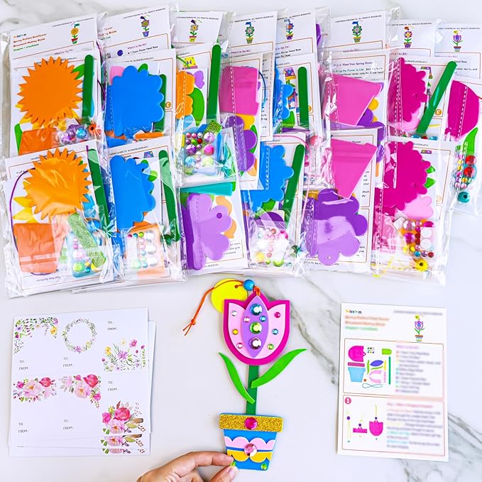 Winlyn 24 Sets Potted Flower Craft Kits DIY Potted Flower Ornaments Decorations Tulip Sunflower Foam Stickers Arts and Crafts for Kids Classroom Activities Birthday Spring Summer Camping Party Favors