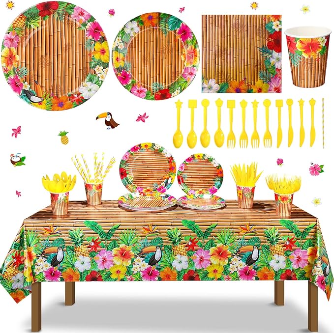 Frienda 130 Pcs Tiki Party Supplies Sets Hawaiian Party Decor Luau Plates and Napkins Party Supplies Tiki Tablecloth Aloha Tropical Plastic Cup Straw Knife Fork for Hawaii Summer Party, Serves 16