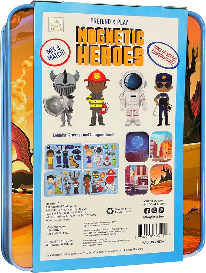 Hapinest Magnetic Heroes Pretend and Play Travel Playset Toy for Boys Ages 4 Years and Up, Fireman, Policeman, Knight, Astronaut