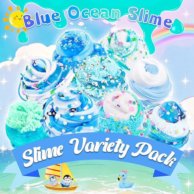 LAWOHO 6 Pack Blue Ocean Slime, Clear Butter Cloud Slime Kits for Girls Ages 8-12, Non-Stick Kids Slime Party Favor Toys with Add-Ins, Birthday Goodie Bag Stuffers Easter Valentines Day Gifts for Kids