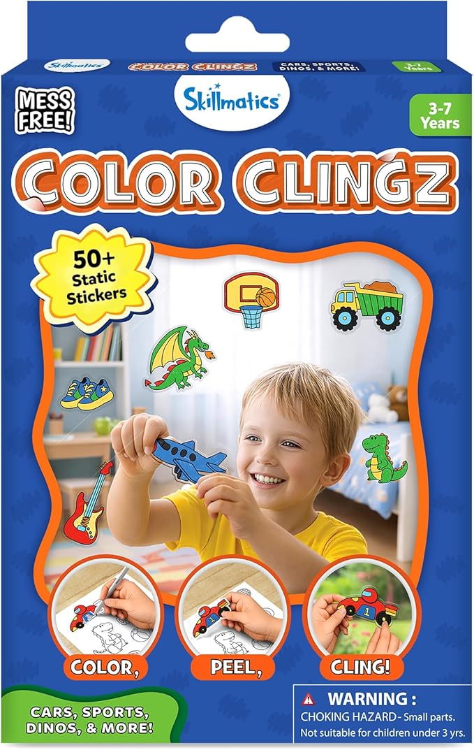 Skillmatics Cling Art – Color Clingz, 50+ Reusable Static Stickers, Mess-Free Fun for Kids, DIY Craft Kits & Supplies, Travel Toys, Creative Gifts for Boys and Girls Ages 3, 4, 5, 6, 7
