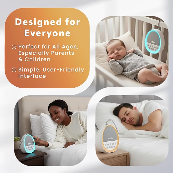 White Noise Sound Machine for Sleep, 29 Non-Looping Sleep Sounds, 7-Color Nightlight, 4 Timers, Memory, USB-C Charging, Hanging Rope for Crib/Stroller, for Baby, Kids, Adults, Travel.