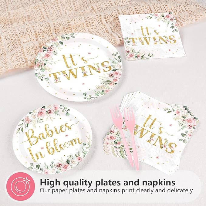 96Pcs Twins Baby Shower Party Decorations Wildflower Baby in Bloom Paper Plates and Napkins Pink Gold Floral It's Twins Disposable Tableware Set for Boys Girls Birthday Party Supplies, Serves 24