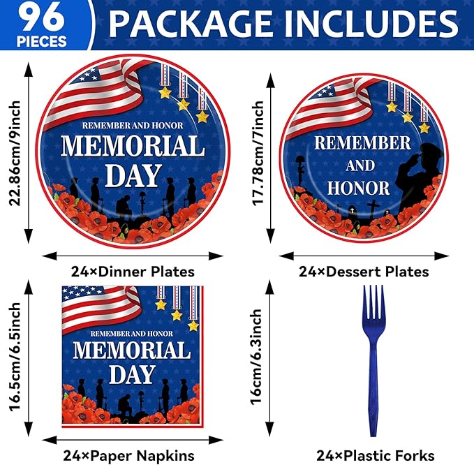 96Pcs Memorial Day Plates and Napkins for Remember and Honor Soldier Party Supplies Thank You Soldiers Dessert Plates Veterans Day Tableware Set for 24 Guests 4th of July Party Decorations