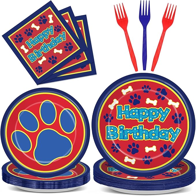 96 Pcs Cartoon Dog Birthday Party Plates and Napkins Paw Print Party Decorations Puppy Theme Supplies Lets Pawty Paper Dessert Plates Tableware Set for Kids Boy Girl Baby Shower 24 Guests