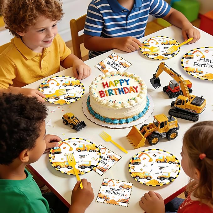 100 Pcs Construction Birthday Party Decorations, Construction Theme Plates and Napkins Forks Set, Disposable Dump Truck Tableware Set for Kids Boys Birthday Party Supplies, 25 Guests