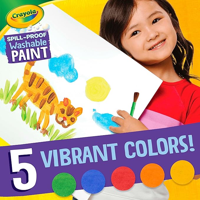 Crayola Spill Proof Paint Set - Washable Paint for Kids, Includes Paint Brush & Paper, No Drip, Less Mess Arts & Crafts, Toddler Gift, Ages 3+