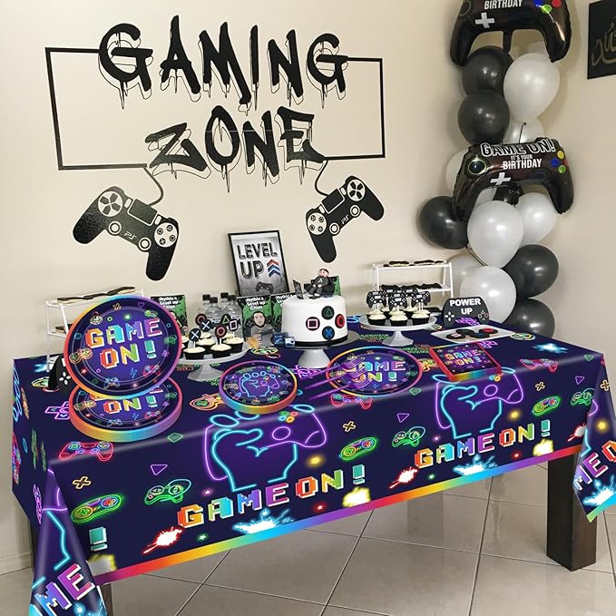 Video Game Birthday Decorations Serve 20 - 81Pcs Plates Napkins Tablecloth Forks Set for Boys Game Gaming Controller Party Supplies