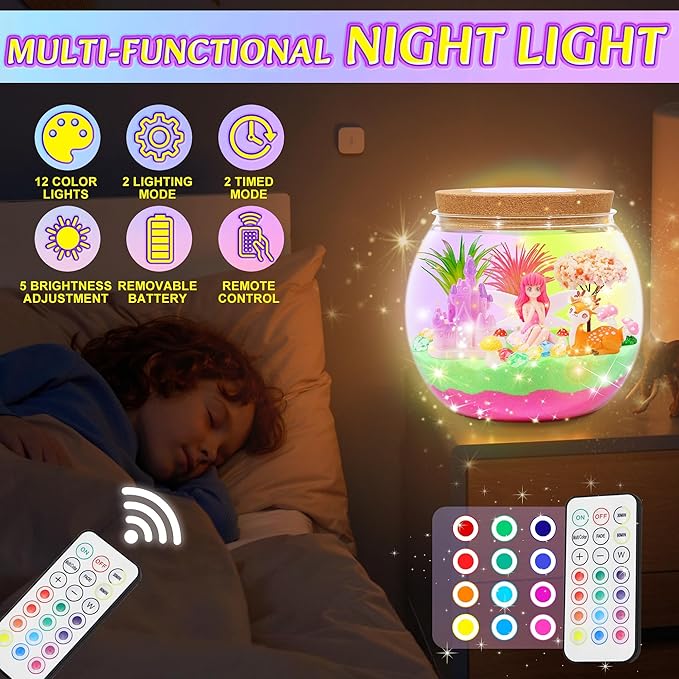 Gifmore Fairy Terrarium Kit for Kids with LED Night Light & Remote Control, Fairy Toys & Arts and Crafts Kit for Girls Ages 4-12, Creative Birthday Christmas Gifts for Children