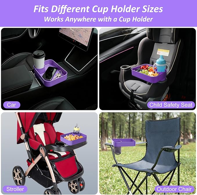 Car Seat Snack Tray for Kids, Mess-Free Square Travel Tray Cup Holder Snack Tray, Durable Car Food Tray for Toddlers, Universal Fit Kids Travel Road Trip Essentials (purple)