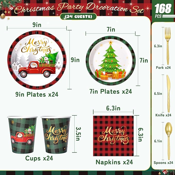Merry Christmas Party Tableware Supplies, 168PCS Christmas Paper Plates Napkins Cups and Gold Cutlery Set, 24 Set Red Plaid Xmas Disposable Dinnerware Set for Party Decorations