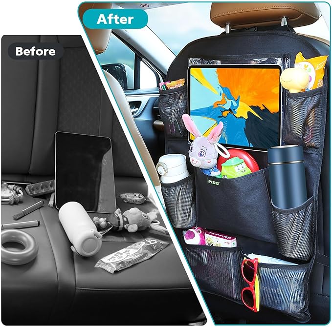 PIDO Car Seat Organizer for Backseat, Back Seat Organizer for Kids with Touch Screen Tablet Holder and 8 Pockets, Car Travel Accessories, Road Trip Essentials for Kids, 2 Pack