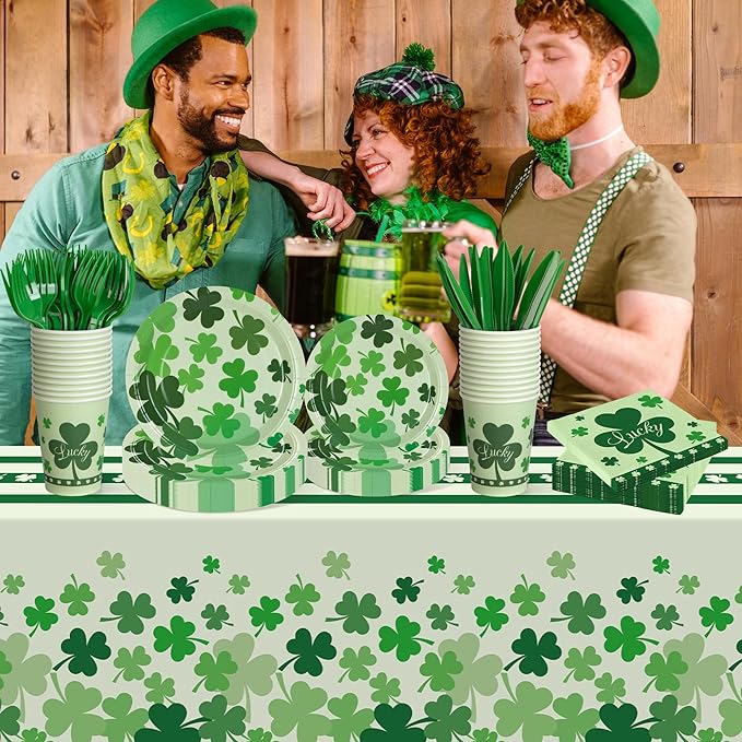 Childom St Patricks Day Party Supplies Decorations,147 Pcs Disposable St Patricks Day Tableware Set with Green Plastic Tablecloth Knives Fork,Paper Plates Napkin Cups for St Patrick's Day Decorations