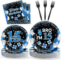 100 Pcs 15th Birthday Decorations for Teen Boys Blue and Black 15th Plate Napkin Forks Set Disposable Teen 15 Year Old Birthday Tableware Dinnerware for I’m 15 Bro Party Supplies Favors Serve 25