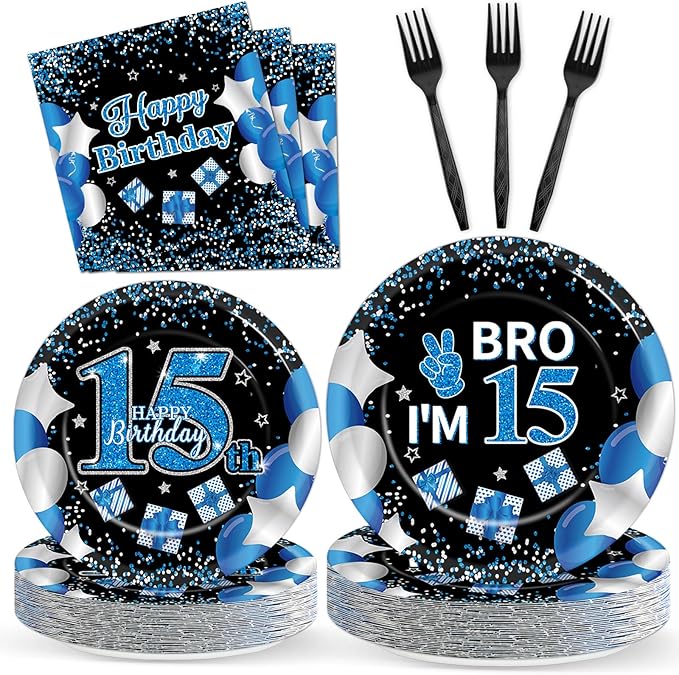 100 Pcs 15th Birthday Decorations for Teen Boys Blue and Black 15th Plate Napkin Forks Set Disposable Teen 15 Year Old Birthday Tableware Dinnerware for I’m 15 Bro Party Supplies Favors Serve 25