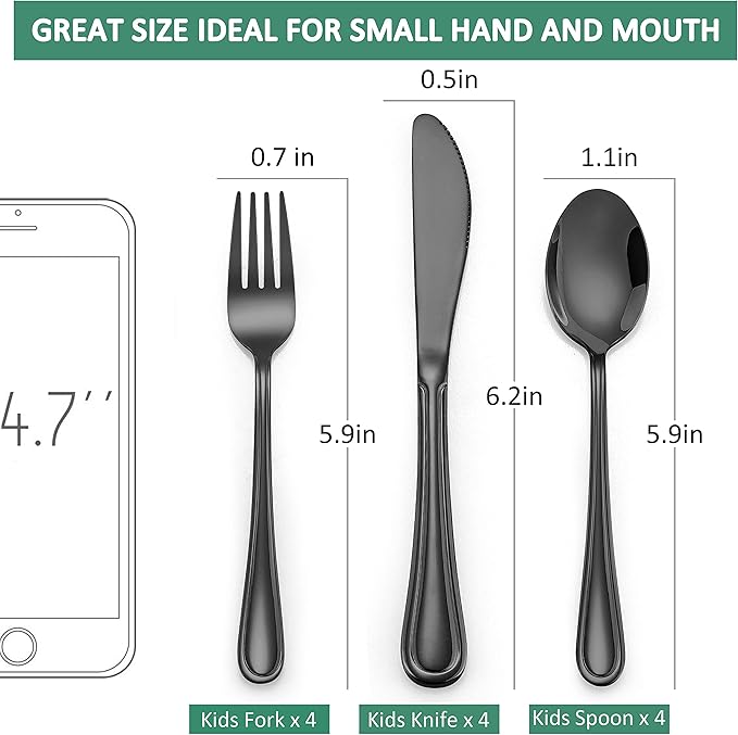 LIANYU 15-Piece Black Kids Silverware Set, Stainless Steel Toddler Utensils Flatware Set, Child Cutlery Tableware Set for 5, Include knife Fork Spoon, Mirror Finished, Dishwasher Safe