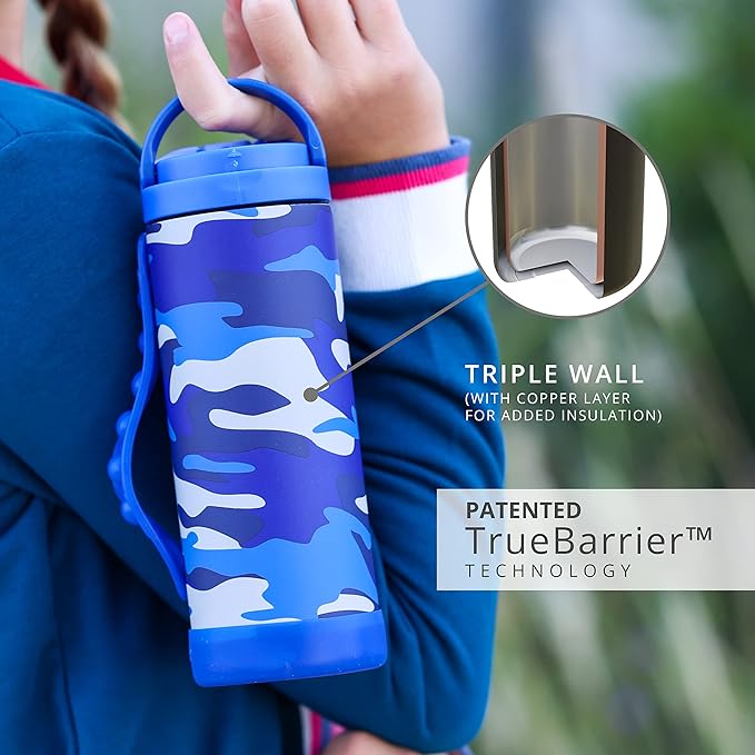 Elemental Iconic Kids Water Bottle for School - 100% Leak-Proof Insulated Water Bottles with Straw Lid & Pop-It Handle for Boys & Girls - Triple-Wall Insulated & BPA-Free, 14oz - Blue Camo