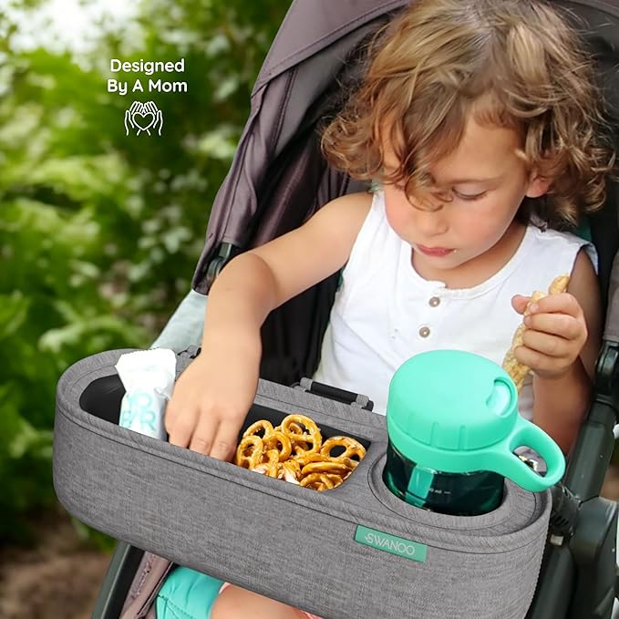 Universal Stroller Tray with Insulated Sippy Cup Holder - Upgraded Rigid Frame Stays Upright - Exclusive Non Slip Straps Firmly Grip Stroller Bar. Universal Stroller Snack Tray Attachment Grey