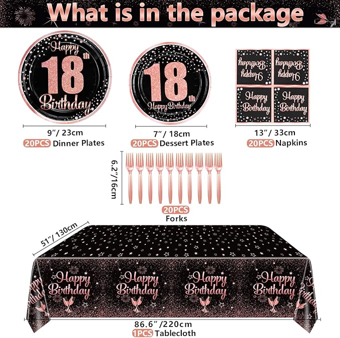 18th Black and Rose Glod Birthday Decorations for Boys Girls - 81 Pcs Plates, Napkins, 18th Tablecloth, Forks for Black and Rose Gold Party Decorations Serve 20