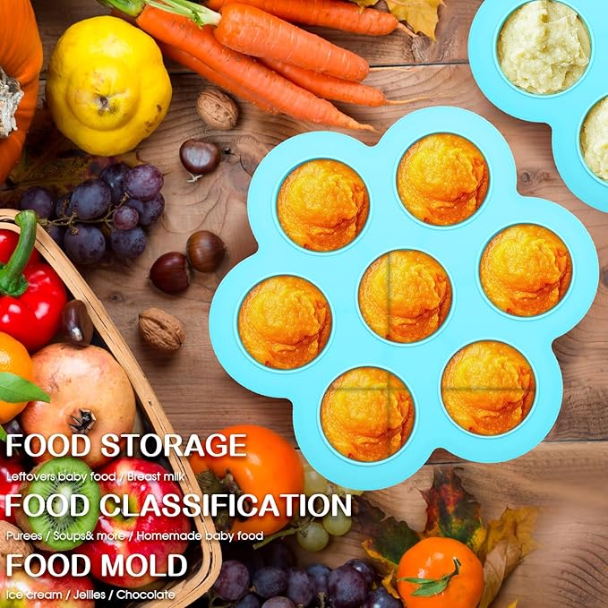 Potchen 4 Pcs Silicone Baby Food Freezer Tray with Lid Stackable Reusable 2.5oz Silicone Baby Food Freezer Molds Storage Tray for Homemade Egg Bite Vegetable Fruit Purees Breastmilk(Blue)