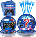 96Pcs 7th Video Game Birthday Party Decorations Blue Video Game Level Birthday Plates and Napkins Tableware Sets for Boys 7 Years Old Gamer Gaming Party Serves 24