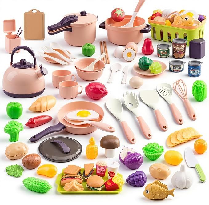 118Pcs Mini Play Kitchen Accessories for Kids, Pretend Cooking Playset with Cookware, Tableware & 2 Fruit Sets, Learning Gift for Girls, Boys, Toddlers, Pink