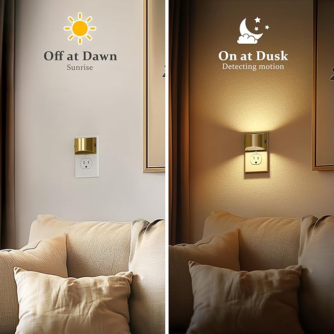 JandCase LED Night Lights Plug into Wall, 2 Pack Gold Modern Night Lights, Dusk to Dawn Sensor Nightlight,0-100LM Brightness Adjustable, 3000K Soft White