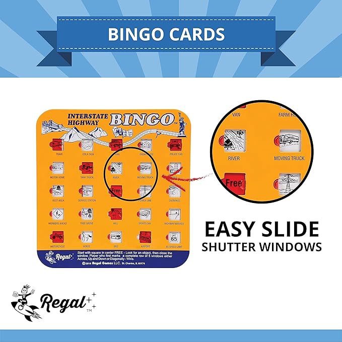 Regal Games Finger-Tip Shutter Bingo Cards with Sliding Windows - Interstate Bingo & Auto Bingo Game - Assorted Colors Travel Bingo Game Set Kids - Reusable, No Chips & Daubers Needed - 4 Packs