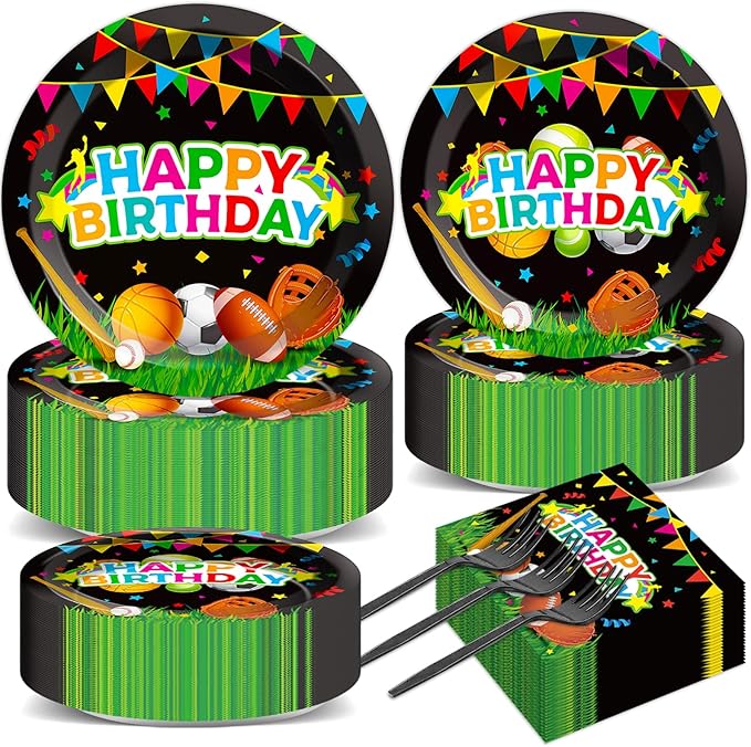 200 pcs Happy Birthday Party Plates and Napkins Kit Sports Themed Birthday Tableware Soccer Basketball Party Supplies For Baby Shower Sports Game Activities and Ball Fans Club celebrations Service 50