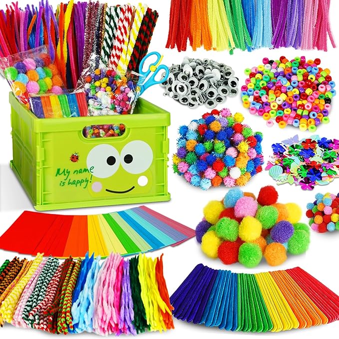 FUNZBO Arts and Crafts Supplies for Kids - Toddler Craft Kits with Glue Stick Pipe Cleaners, Popsicle Stickers, Construction Paper, Pom Poms & Googly Eyes, Birthday Gifts for Girls & Boys Age 4+