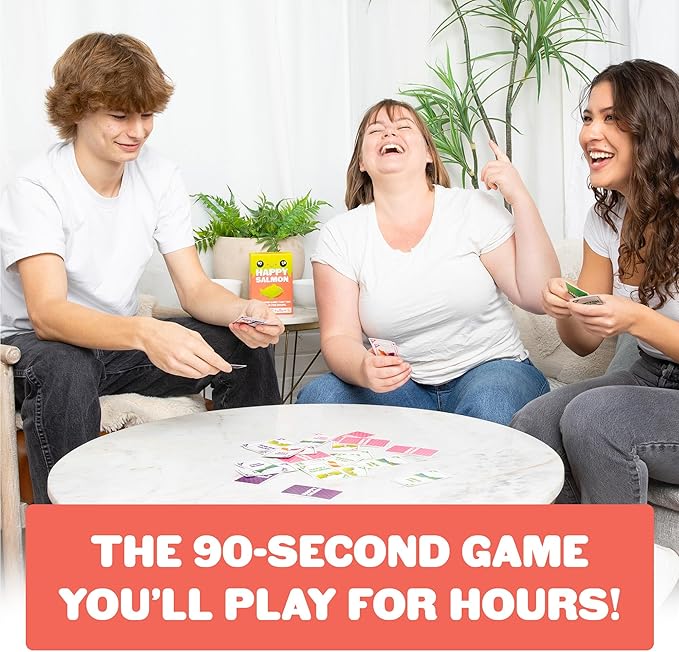 Exploding Kittens Happy Salmon Grab & Game - 3-8 Players - Ages 6+ - 90 Second Rounds - Travel Sized Cards - Easy to Learn Quick Matching - Party, Family Night, Kids and Adults