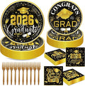 192Pcs 2026 Graduation Plates and Napkins for 48 Guests, Black and Gold Congrats Grad Party Supplies, Class of 2026 Disposable Paper Plates Napkins Set for Graduation Party Decorations