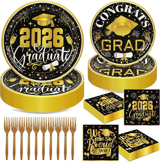 192Pcs 2026 Graduation Plates and Napkins for 48 Guests, Black and Gold Congrats Grad Party Supplies, Class of 2026 Disposable Paper Plates Napkins Set for Graduation Party Decorations
