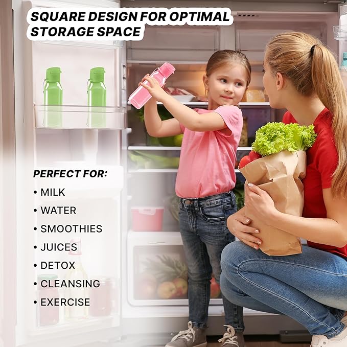MILTON Bulk Water Bottles Set of 4 – 10 and 17oz Multicolor Bottles for Kids and Adults – Leak Proof with Carry Strap – Square Reusable Bottles for Juice, Drinks BPA-Free Dishwasher-Safe