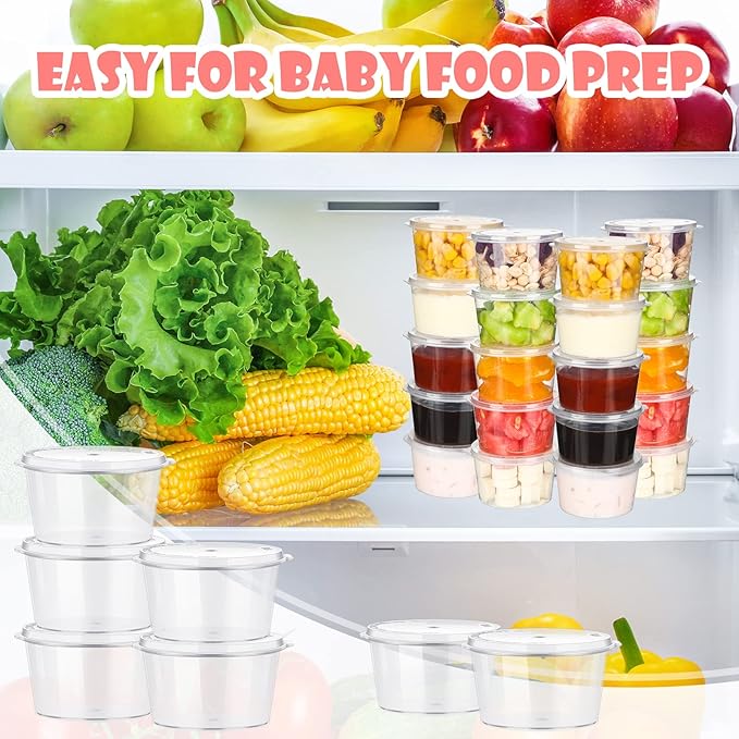 Didaey 100 Pcs Baby Food Storage Containers 4 oz with Hinged Lids Small Disposable Plastic Puree Snack Sauce Food Freezer Containers, Stackable, Leakproof